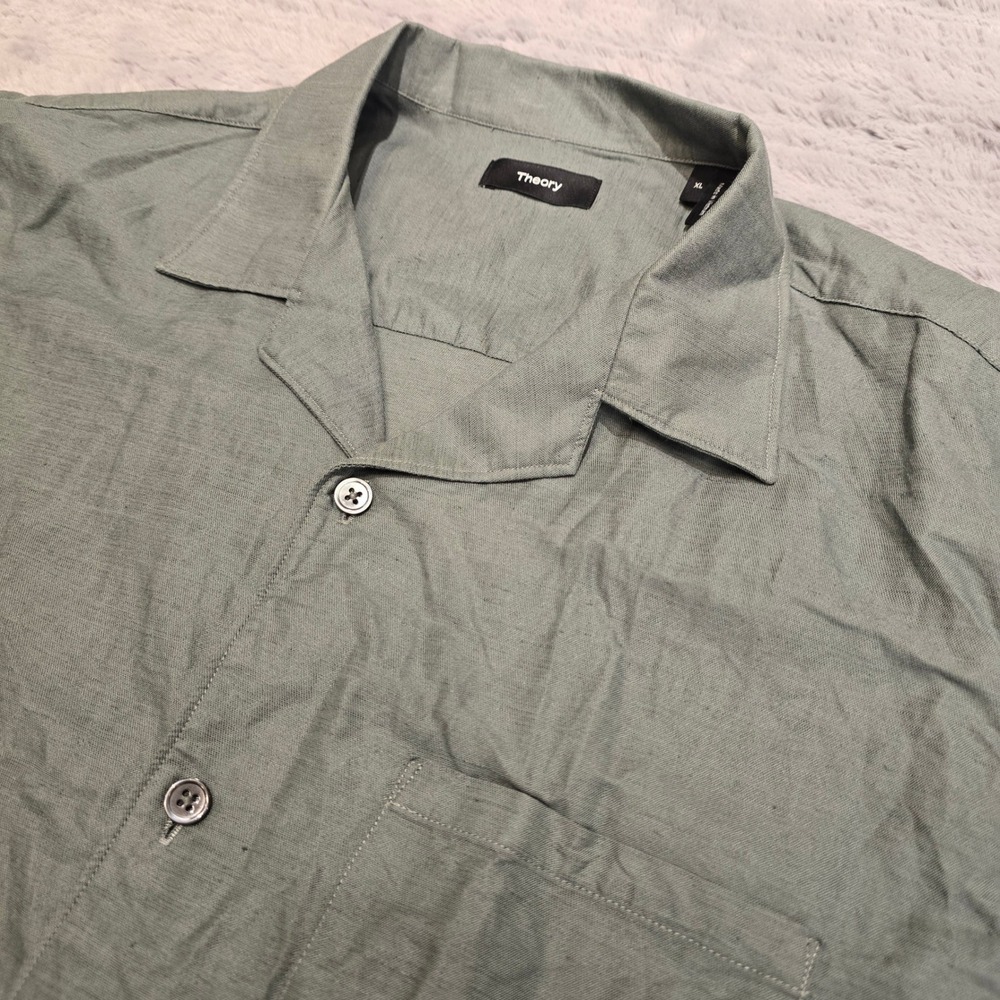 Theory Noll SC Essential Linen Twill‎ Shirt Mens XL Sage Green Camp Collar